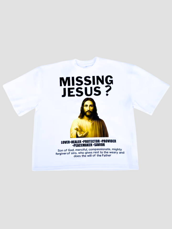 White t-shirt with graphic of Jesus and text &